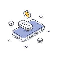 Isometric line art icon depicting online shopping and purchase process through mobile device vector