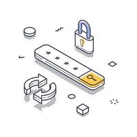 Isometric line art icon representing internet security with padlock and password element vector