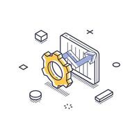 Isometric line art icon representing business solutions with gears and graphs for infographic design vector