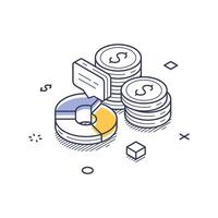 Investment growth represented by isometric line art icon with graphs and coins vector