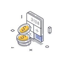 Business investment icon featuring coins and a calculator in isometric line art design vector