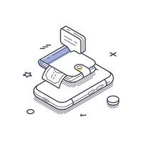 Isometric line art icon illustrating online payments and digital wallet system vector