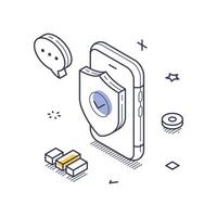 Isometric line art icon representing internet security features with device protection elements vector