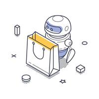 Delivery service robot with shopping bag in a modern isometric design vector