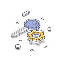 Isometric line art icon representing internet security with key and gear elements vector