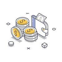 Isometric line art icon illustrating finance and banking concepts with coins and wallet design vector