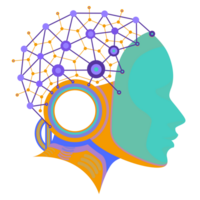 A robot head with a brain connected to a network png