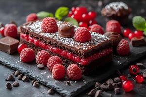 Decadent Chocolate Raspberry Cake with Fresh Berries and Confectionery photo