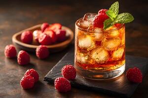 Refreshing Raspberry Mint Cocktail with Ice on Rustic Slate Background photo