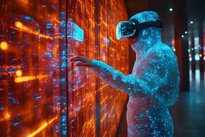 Futuristic Virtual Reality Experience with Holographic Interface for Cutting-Edge Technology photo