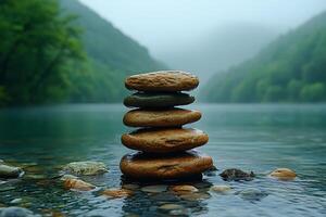 Tranquil River Scene with Balanced Stones in Misty Forest Setting for Mindfulness and Meditation Concepts photo