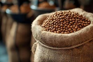 Harvested Coffee Beans in Burlap Sacks for Export and Trade in Rustic Market Setting photo