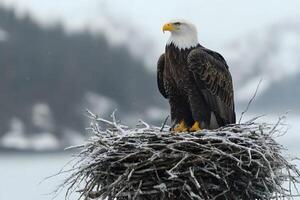 Majestic Bald Eagle on Snow-Dusted Nest in Winter Wilderness photo