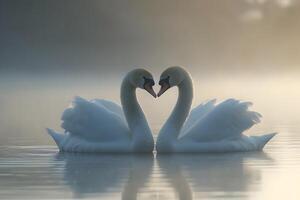 Romantic Swan Pairing at Dawn in Serene Misty Lake photo