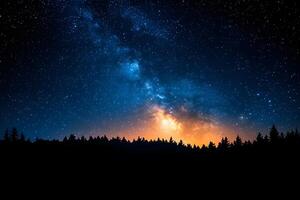 Starry Night Sky Over Forest Horizon with Vibrant Milky Way Galaxy photo
