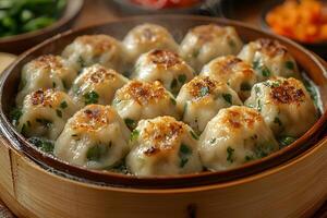 Steaming Asian Dumplings in Bamboo Basket for Culinary Display and Food Styling photo