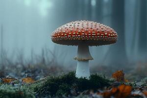 Mystical Amanita Mushroom in Misty Forest Setting for Autumn Design photo