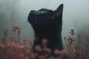 Black Cat in Misty Field Among Wildflowers for Nature Photography and Pet Themes photo