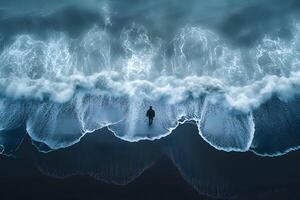 Solitary Figure at Ocean's Edge Serene Contemplation by Crashing Waves photo