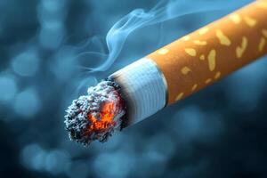 Burning Cigarette Close-up with Smoke on Blue Background for Health Awareness Design photo