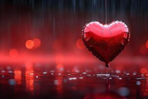 Heart-Shaped Balloon in Rainy Red Romantic Scene for Valentine's Day Design photo