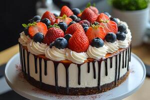 Decadent Chocolate Drip Cake with Fresh Berries for a Sumptuous Dessert Display photo