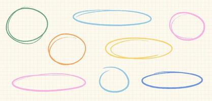 Hand Drawn Crayon Oval Round Shape Set. Line Stroke Chalk Emphasis Circular Frames vector