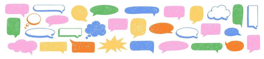 Crayon Speech Bubble Frames Set. Chalk Talk Balloon. Text Box Doodle Collection vector
