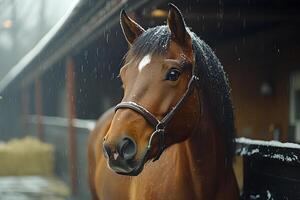 Majestic Horse Standing in Stable on a Rainy Day photo