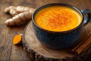 Golden Turmeric Latte in Rustic Setting for Natural Wellness and Healing Concepts photo