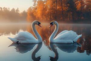 Autumn Sunrise Serenity Pair of Swans on Misty Lake photo