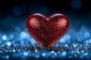 Sparkling Red Heart with Glitter Against Soft Blue Bokeh Background for Valentine's Day Design photo