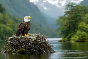 Majestic Bald Eagle Posed on Nest in Serene Mountain Lake Landscape for Wildlife Photography photo