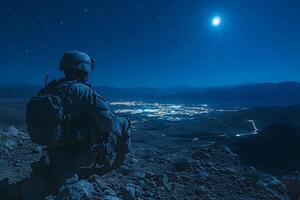 Nighttime Military Surveillance Overlooking Illuminated Cityscape photo