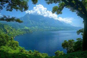 Tropical Mountain and Lake Landscape with Lush Greenery for Travel and Nature Inspiration photo