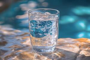 Refreshing Clear Glass of Water by a Poolside on a Sunny Day photo