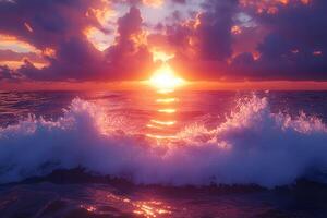 Dramatic Ocean Sunset with Vibrant Colors and Crashing Waves for Inspirational Design photo