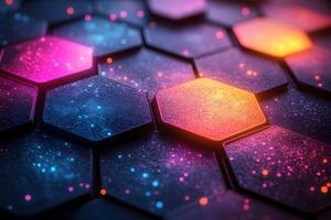 Vibrant Hexagonal Pattern with Neon Colors for Modern Digital Art Design photo