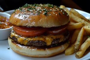 Gourmet Cheeseburger with Tomato and Fries - Perfect for Dining Ads and Menus photo