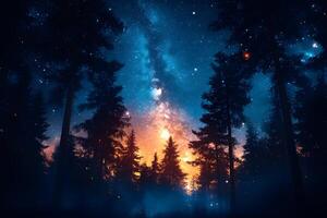 Majestic Night Sky in Enchanted Forest with Vibrant Milky Way for Nature-Themed Designs photo