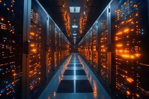 High-Tech Data Center Corridor with Illuminated Server Racks for Advanced Computing photo