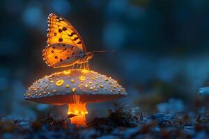 Glowing Butterfly on Illuminated Mushroom in Enchanted Forest photo