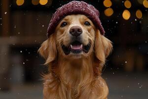 Golden Retriever in Winter Hat Enjoying Snowfall - Perfect for Pet-Lover Designs photo