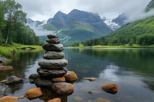 Tranquil Mountain Lake with Rock Cairn Highlighting Natural Serenity for Nature and Travel Design photo