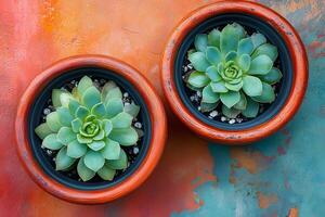 Vibrant Top-View of Succulents in Terracotta Pots on Colorful Background for Home Decor and Design photo