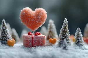 Winter Romance Heart-Shaped Balloon with Gift in Snowy Holiday Landscape for Valentine s Day photo