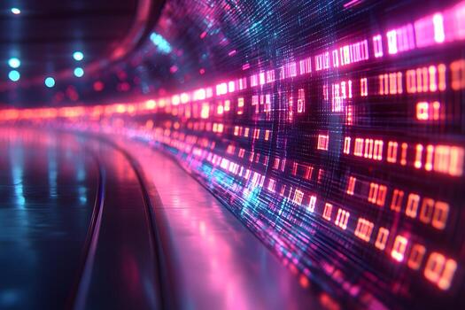 Futuristic Digital Tunnel with Vibrant Neon Lights and Binary Code for Technology Themes photo