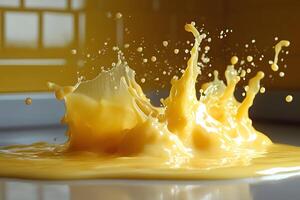 Dynamic Splash of Yellow Liquid in Kitchen Setting for Design and Advertising photo