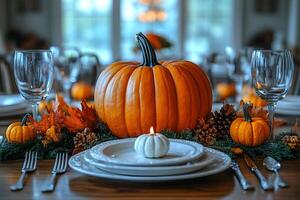 Elegant Autumn Table Setting with Pumpkins and Fall Decor for Thanksgiving Celebration photo
