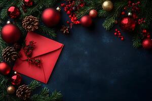 Festive Christmas Greeting Card Concept with Red Ornaments and Pine Cones photo